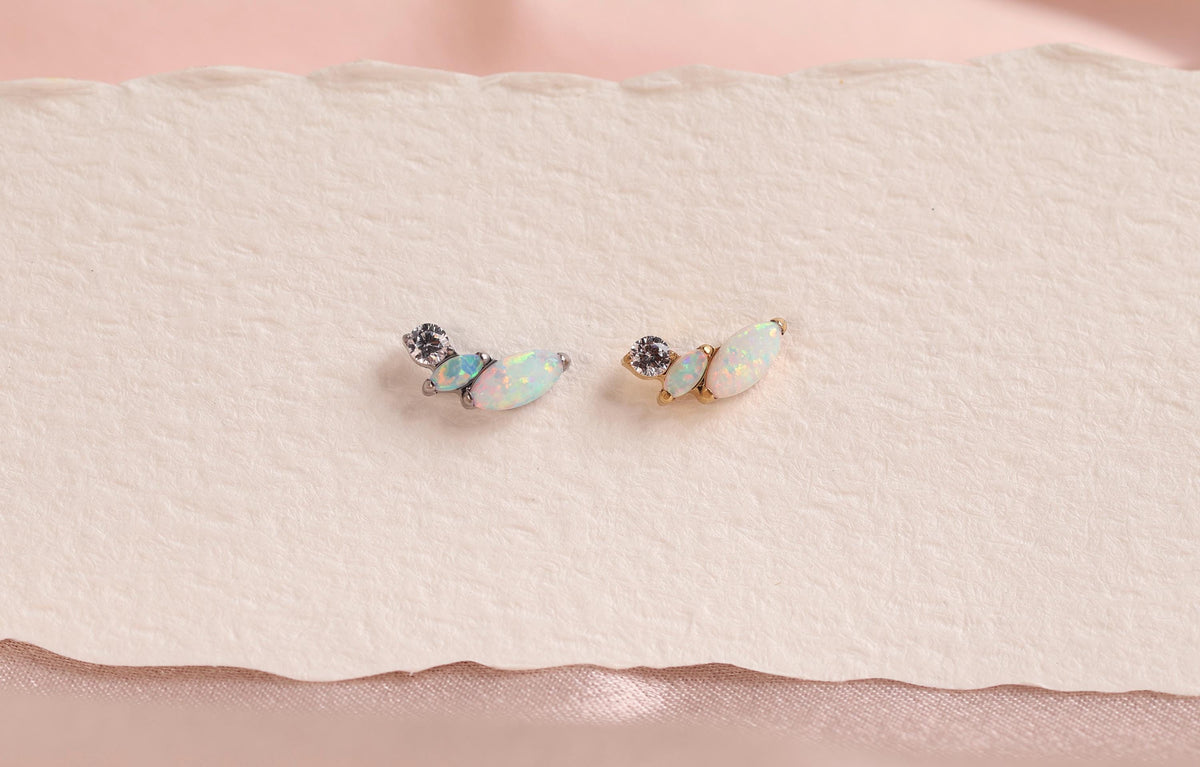 16G/18G Titanium Opal Marquise Leaf Earring, Internal Threaded Flat Back Stud, Dainty Opal Cartilage Helix Tragus Lobe Jewelry N187