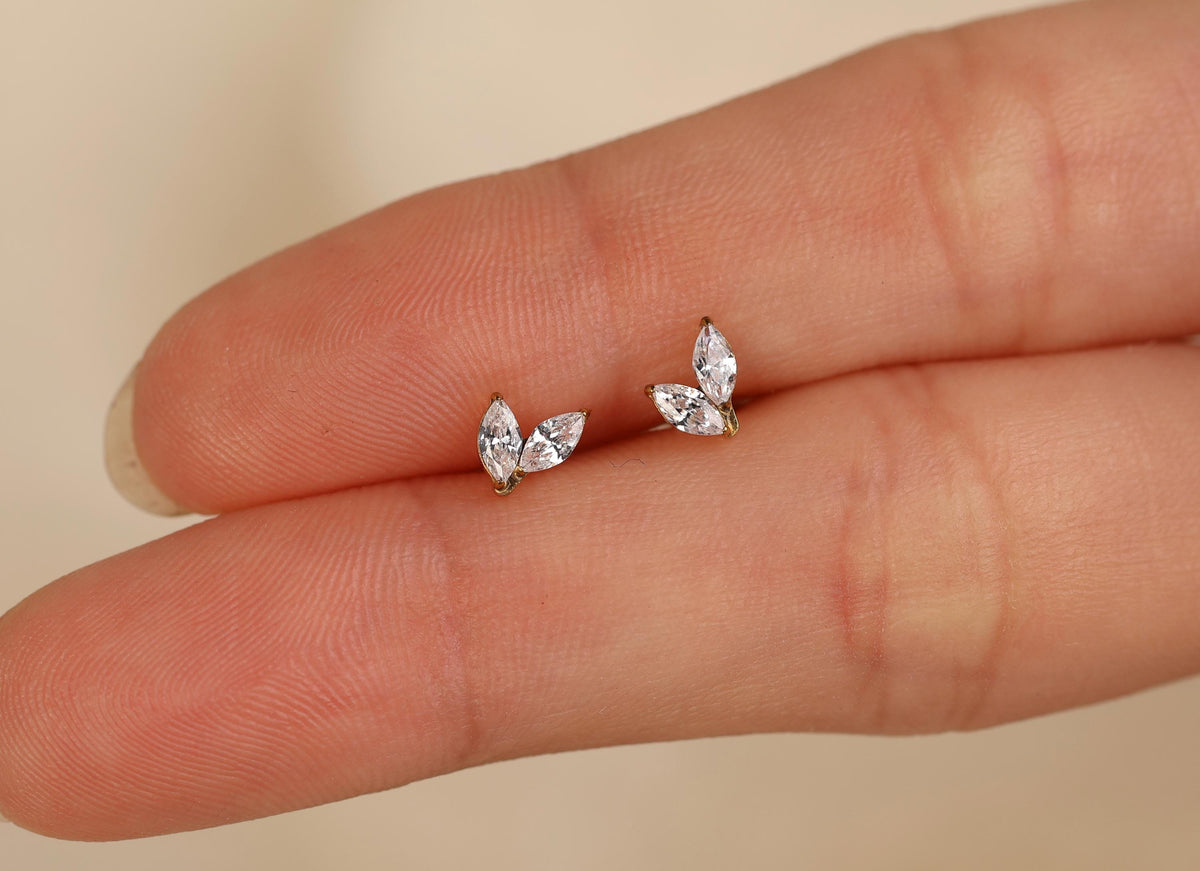 16G/18G Titanium Double Marquise Leaf  Flat Back Stud, Internal Threaded Studs, Dainty CZ Cartilage Earring, Helix Tragus Lobe N181