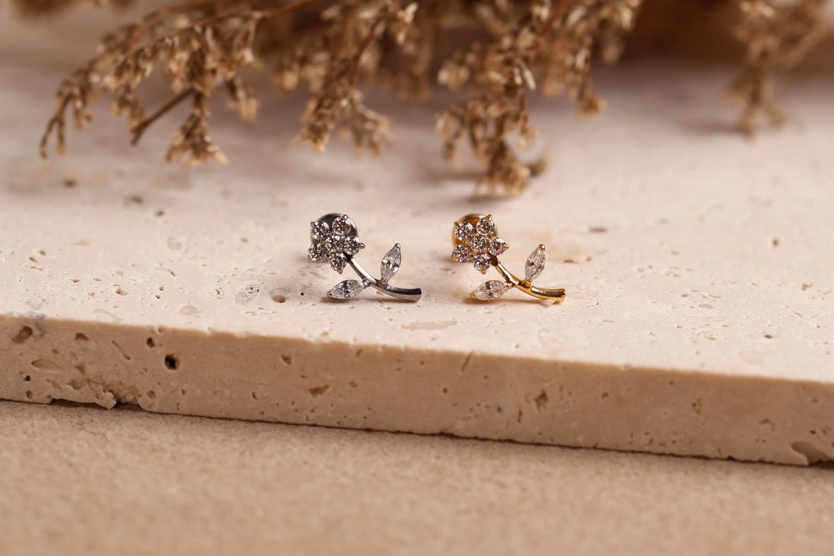 Titanium Internal Threaded Crystal Flower Branch Stud Earring