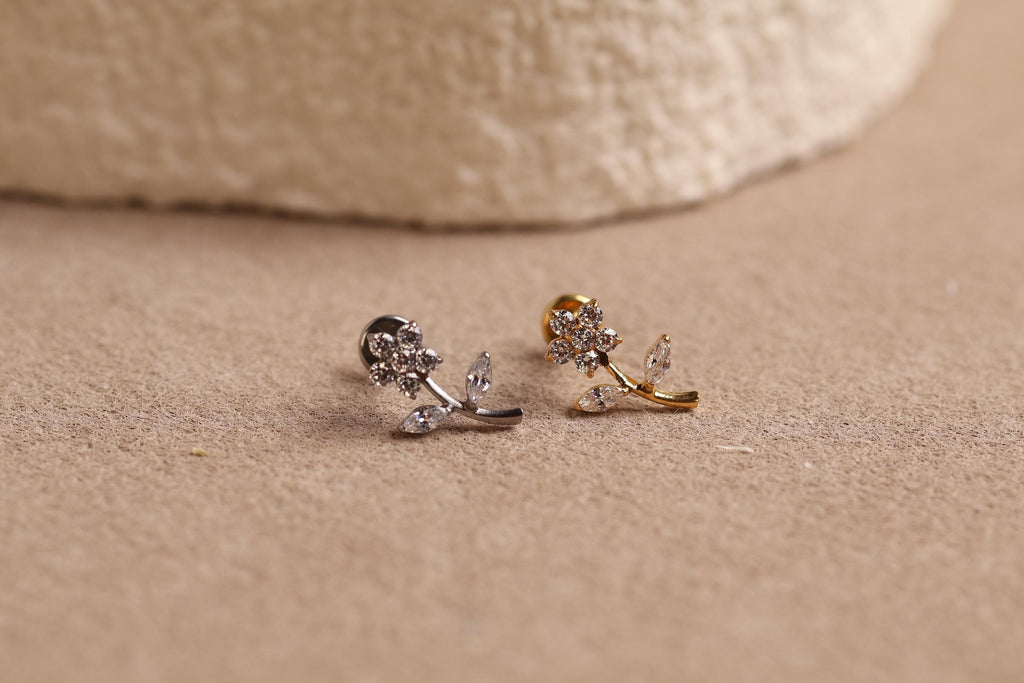 16G/18G Titanium Crystal Flower Branch Stud Earring – Internally Threaded Cartilage Jewelry, Conch Flat Lobe N192
