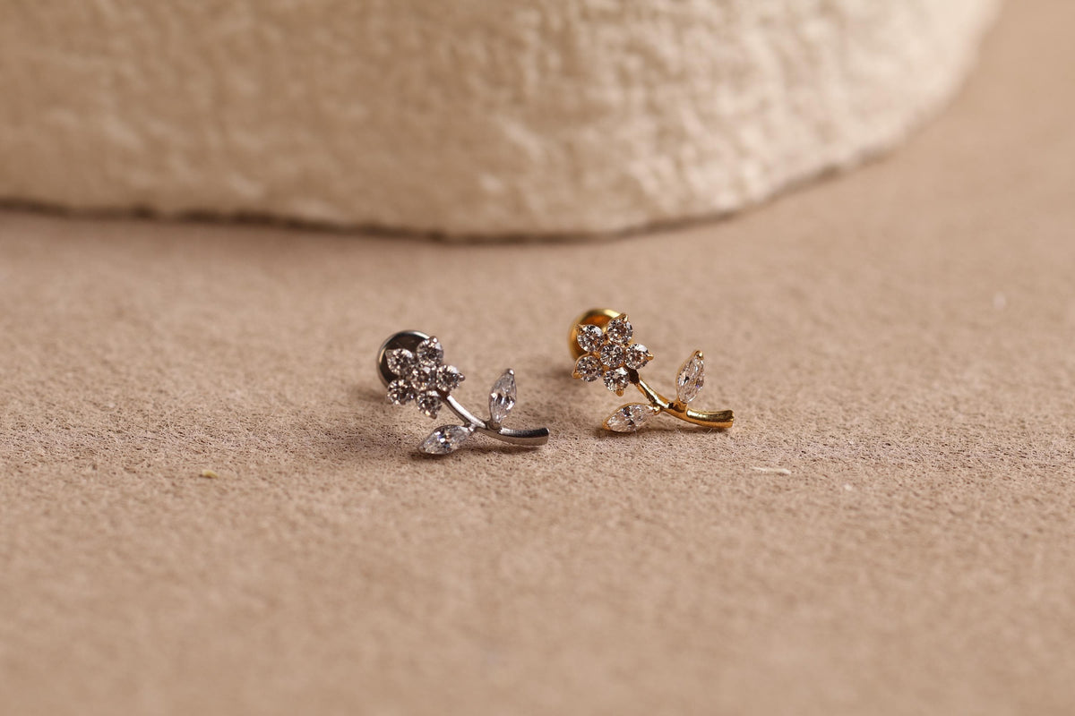 16G/18G Titanium Crystal Flower Branch Stud Earring – Internally Threaded Cartilage Jewelry, Conch Flat Lobe N192