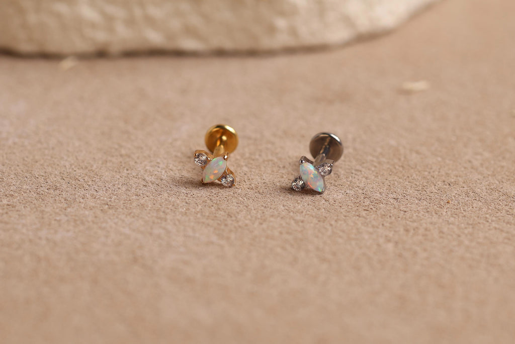 16G/18G Titanium Marquise Opal Trio Stud Earring – Internally Threaded Flat Back , Cartilage Tragus Lobe Earrings N195