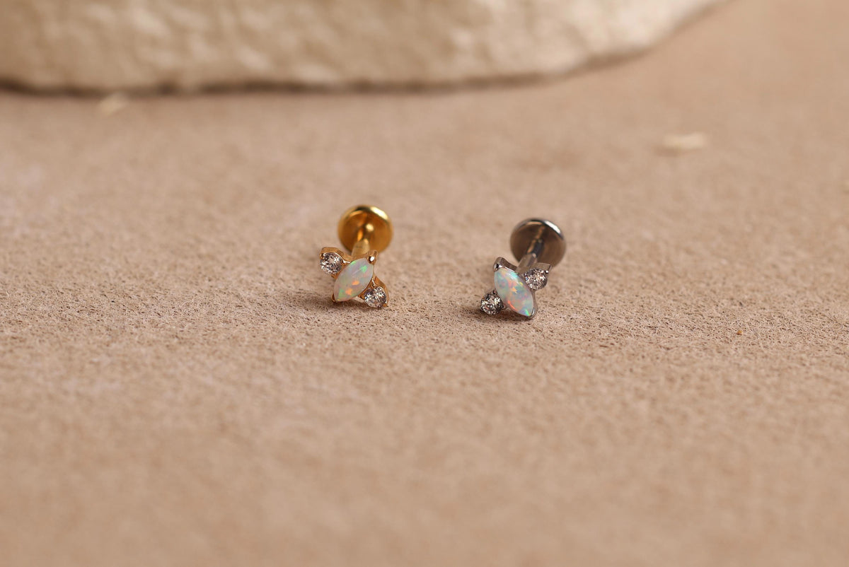 16G/18G Titanium Marquise Opal Trio Stud Earring – Internally Threaded Flat Back , Cartilage Tragus Lobe Earrings N195