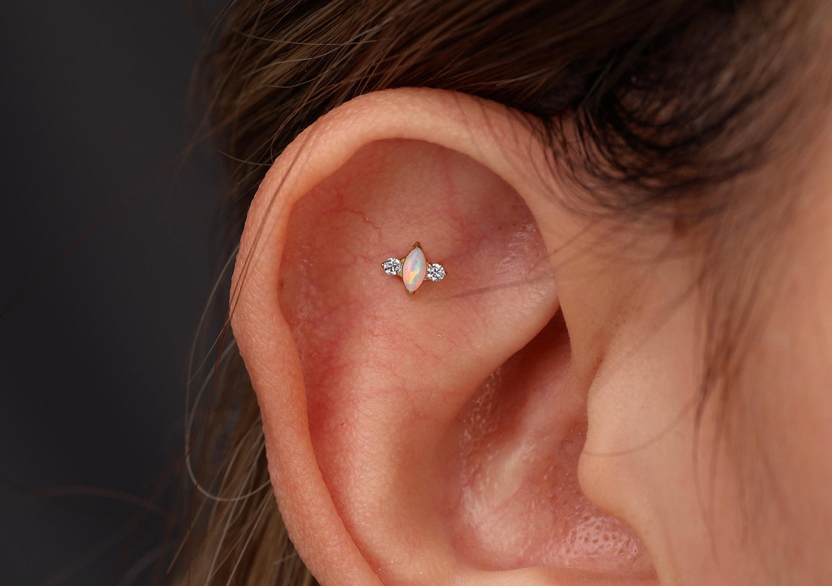 16G/18G Titanium Marquise Opal Trio Stud Earring – Internally Threaded Flat Back , Cartilage Tragus Lobe Earrings N195