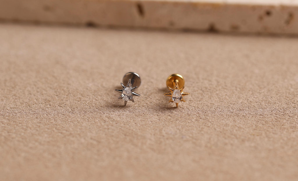 Titanium Internal Threaded Pear Crystal Sunburst Stud