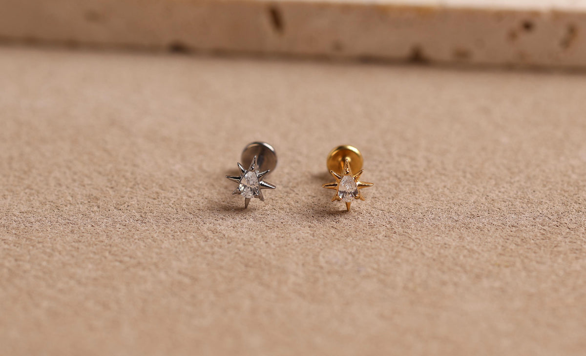 Titanium Internal Threaded Pear Crystal Sunburst Stud