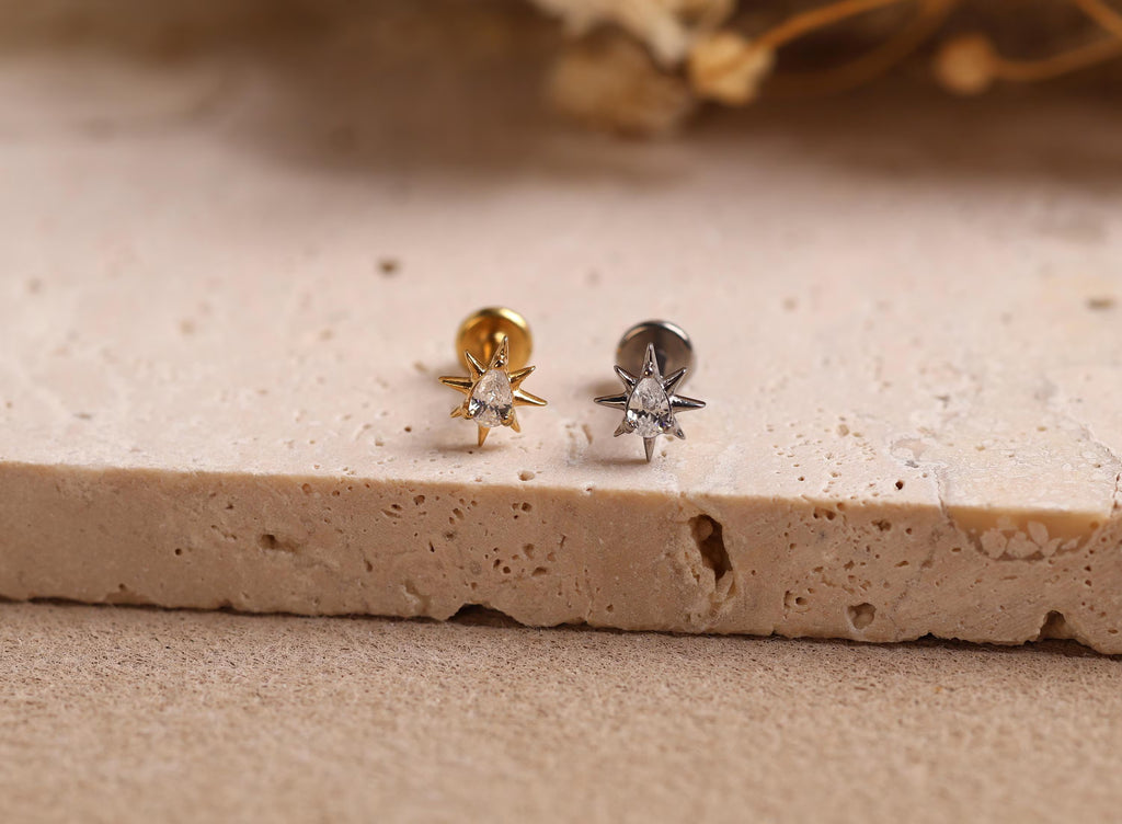 Titanium Internal Threaded Pear Crystal Sunburst Stud