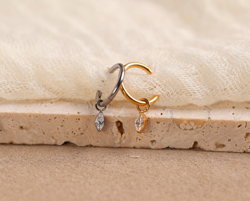 16G/18G Titanium Marquise CZ Dangle Hoop Earrings, Dainty Cartilage Hoop, Lobe Earrings, Hypoallergenic N216