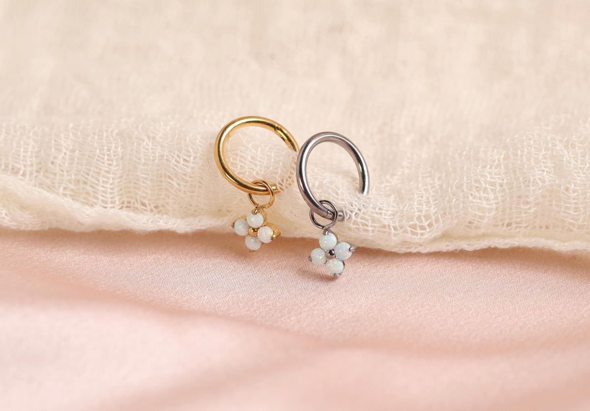 16G/18G Titanium Opal Flower Hoop Earrings | Dainty Opal Charm Hoops | Hypoallergenic Cartilage Earrings | Minimalist Huggie Hoops N167