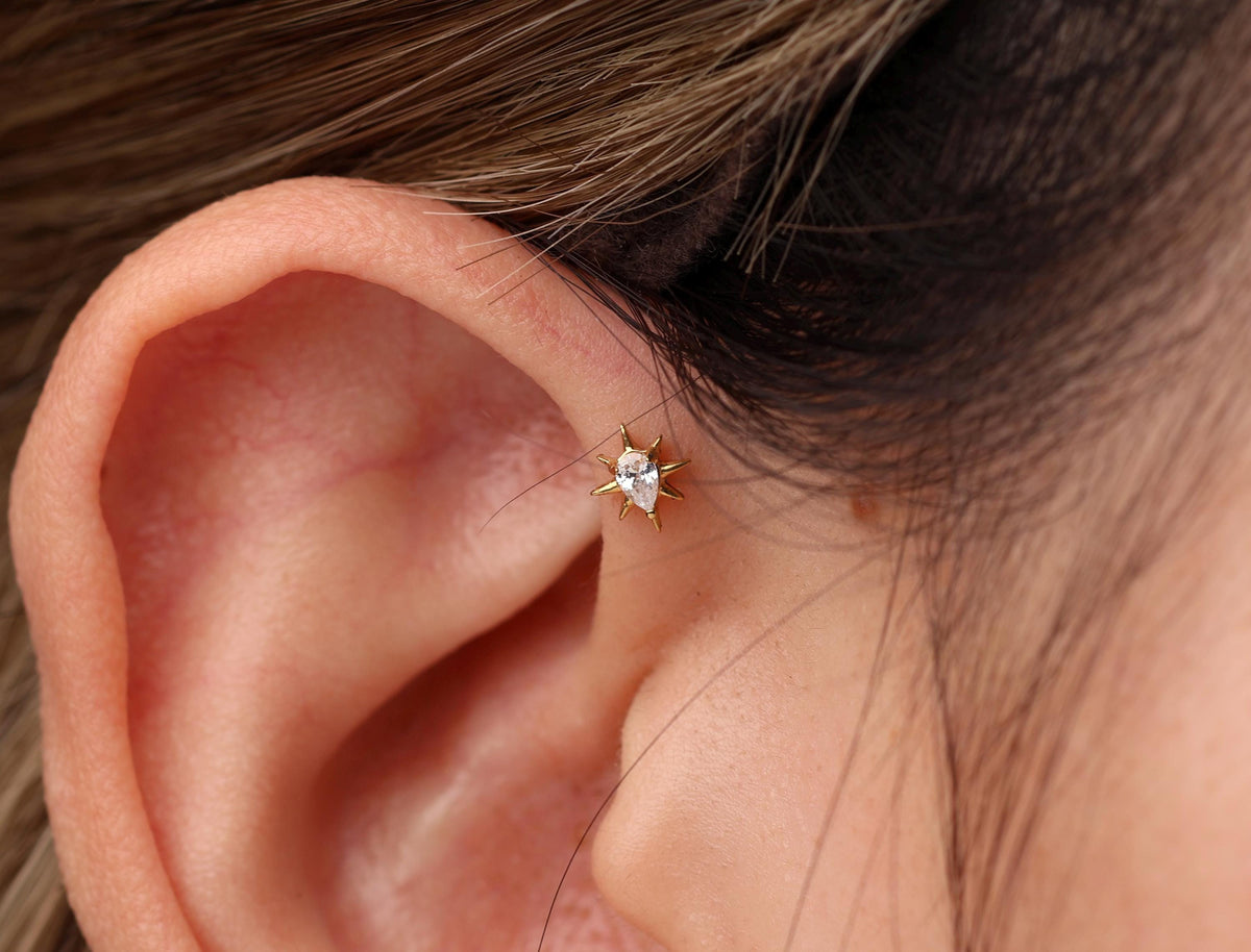 16G/18G Titanium Pear Crystal Sunburst Stud Earring – Internally Threaded Flat Back , Cartilage Tragus Lobe Earrings N196