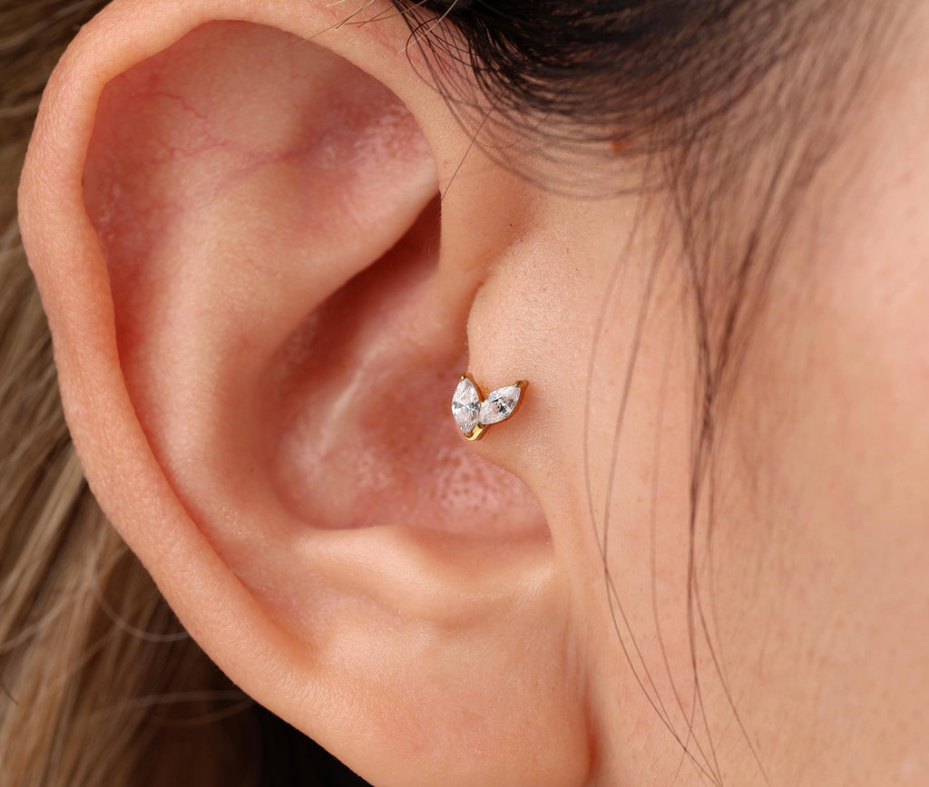 16G/18G Titanium Double Marquise Leaf  Flat Back Stud, Internal Threaded Studs, Dainty CZ Cartilage Earring, Helix Tragus Lobe N181