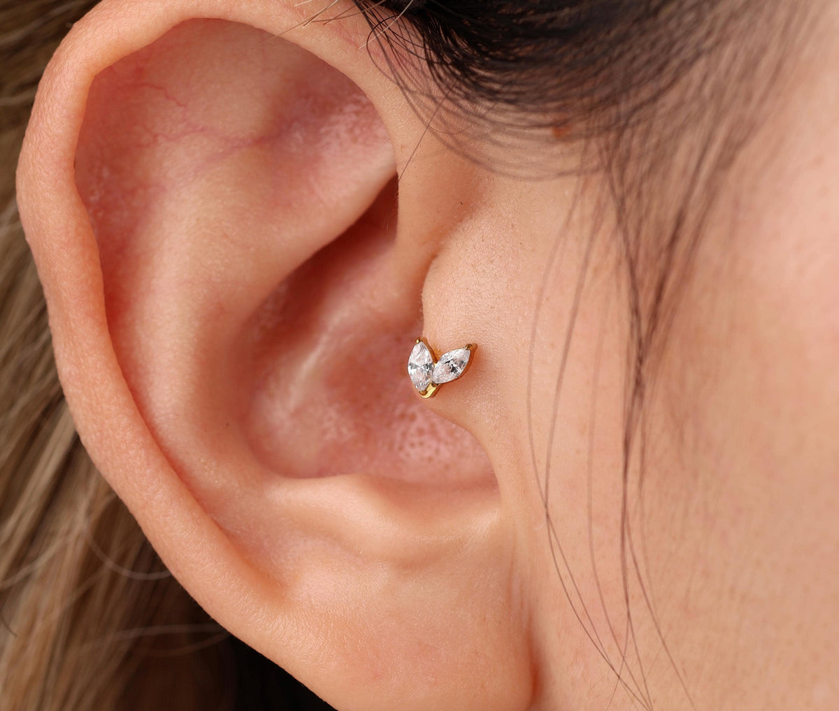 16G/18G Titanium Double Marquise Leaf  Flat Back Stud, Internal Threaded Studs, Dainty CZ Cartilage Earring, Helix Tragus Lobe N181