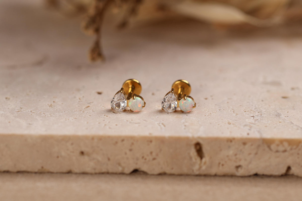 16G/18G/20G Titanium Pear Cut & Opal Threadless Flat Back Earring, Opal Cluster, Titanium Push Pin Helix Tragus Earrings N208