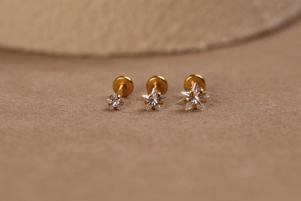 16G/18G/20G Titanium Crystal Starburst Threadless Flat Back Earring, Titanium Push Pin Labret Stud, Celestial Helix Tragus Conch N207