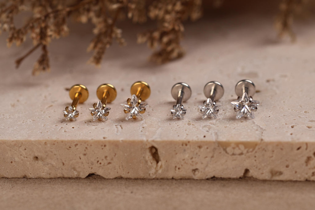 16G/18G/20G Titanium Crystal Starburst Threadless Flat Back Earring, Titanium Push Pin Labret Stud, Celestial Helix Tragus Conch N207