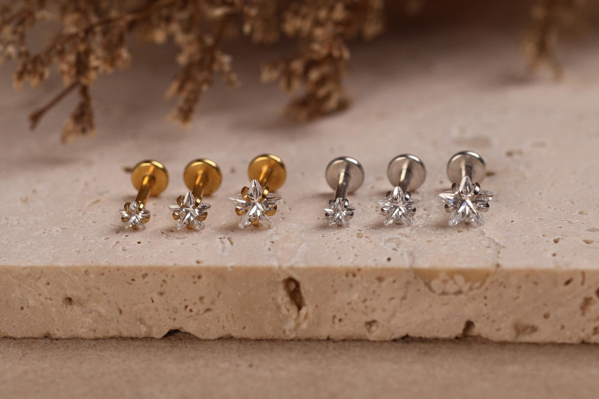 16G/18G/20G Titanium Crystal Starburst Threadless Flat Back Earring, Titanium Push Pin Labret Stud, Celestial Helix Tragus Conch N207
