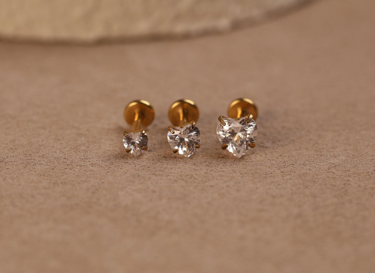 16G/18G/20G Titanium Heart CZ Threadless Flat Back Earring, Titanium Push Pin Labret Stud, Crystal Helix Tragus Conch Lobe Piercing