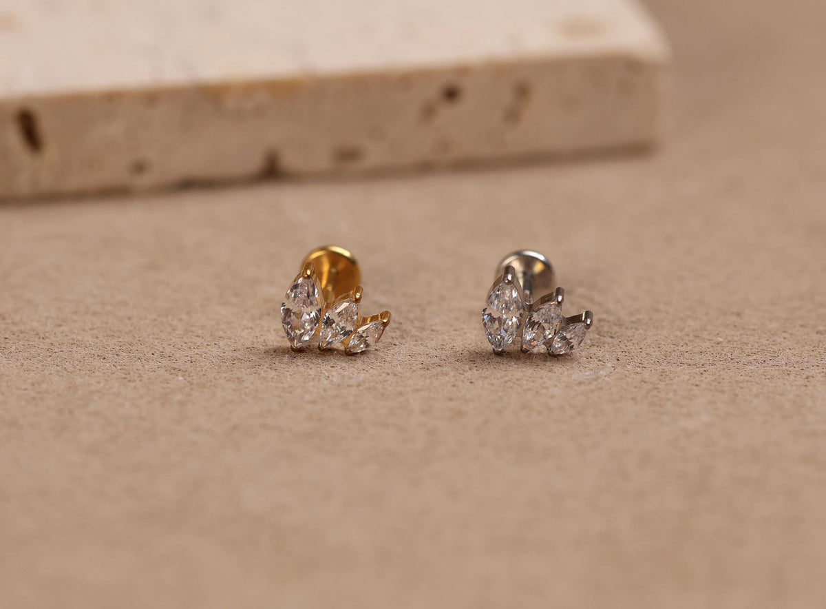 16G/18G/20G Titanium Tapered Marquise Cluster Threadless Flat Back Earring, Titanium Push Pin Labret, Cartilage Stud N206