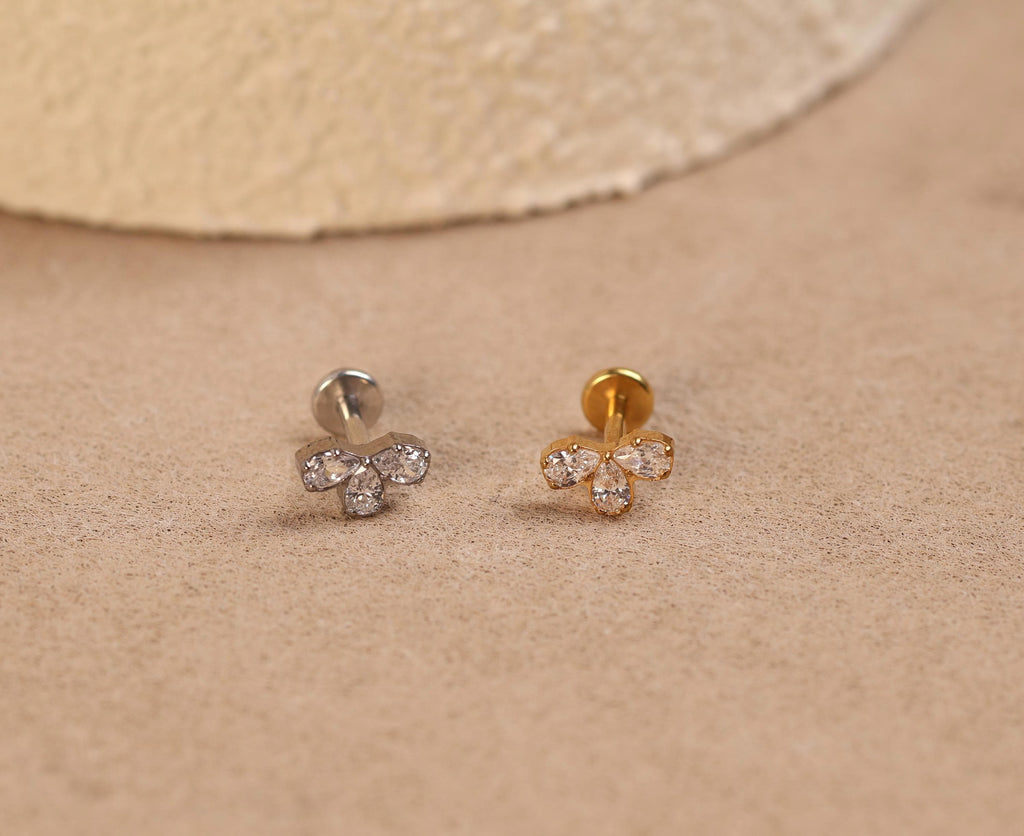 16G/18G/20G Titanium Three Pear Crystal Cluster Threadless Flat Back Earring, Titanium Push Pin Labret, Helix Flat Tragus Lobe N214