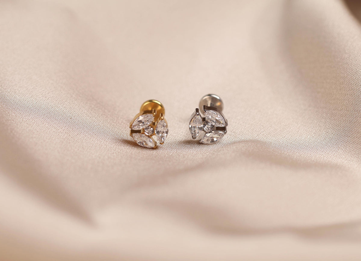 16G/18G/20G Titanium Marquise Pinwheel Crystal Threadless Flat Back Earring, Titanium Push Pin Labret, CZ Flower Helix Flat Tragus N204