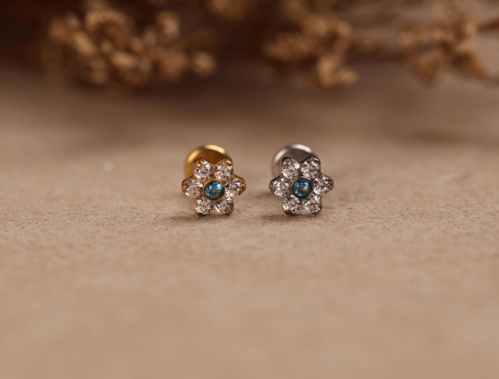 16G/18G/20G Titanium Aquamarine Floral Threadless Flat Back Earring, Titanium Push Pin Labret, Daisy CZ Helix Tragus Flat Lobe N203