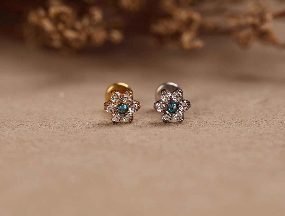 16G/18G/20G Titanium Aquamarine Floral Threadless Flat Back Earring, Titanium Push Pin Labret, Daisy CZ Helix Tragus Flat Lobe N203