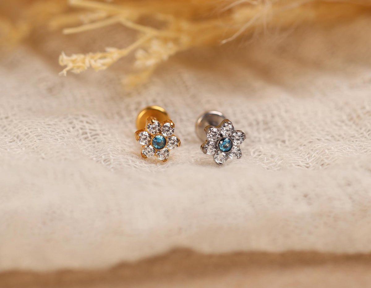 16G/18G/20G Titanium Aquamarine Floral Threadless Flat Back Earring, Titanium Push Pin Labret, Daisy CZ Helix Tragus Flat Lobe N203