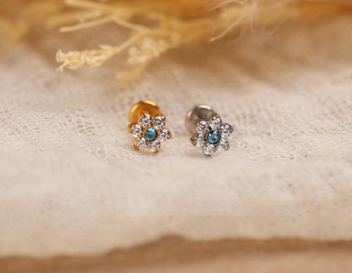16G/18G/20G Titanium Aquamarine Floral Threadless Flat Back Earring, Titanium Push Pin Labret, Daisy CZ Helix Tragus Flat Lobe N203