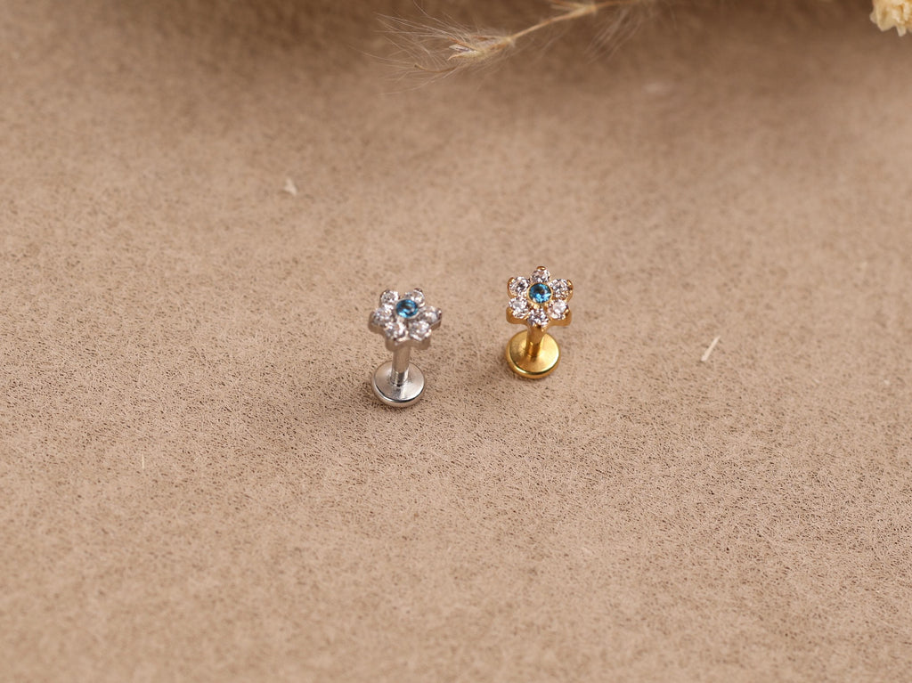 16G/18G/20G Titanium Aquamarine Floral Threadless Flat Back Earring, Titanium Push Pin Labret, Daisy CZ Helix Tragus Flat Lobe N203
