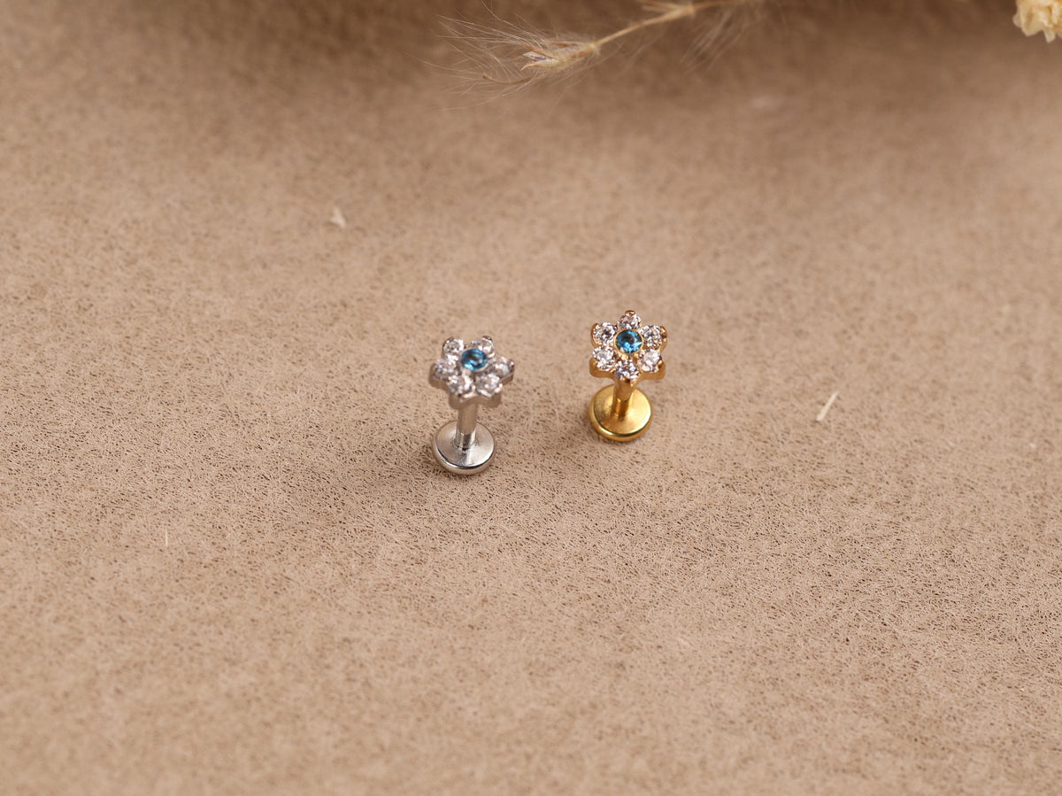 16G/18G/20G Titanium Aquamarine Floral Threadless Flat Back Earring, Titanium Push Pin Labret, Daisy CZ Helix Tragus Flat Lobe N203