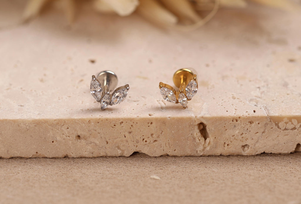 16G/18G/20G Titanium Crystal Lotus Crown Flat Back Earring, Marquise CZ Threadless Titanium Labret, Sparkling Helix Flat Lobe N201