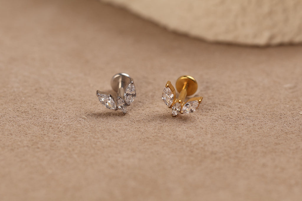 16G/18G/20G Titanium Crystal Lotus Crown Flat Back Earring, Marquise CZ Threadless Titanium Labret, Sparkling Helix Flat Lobe N201