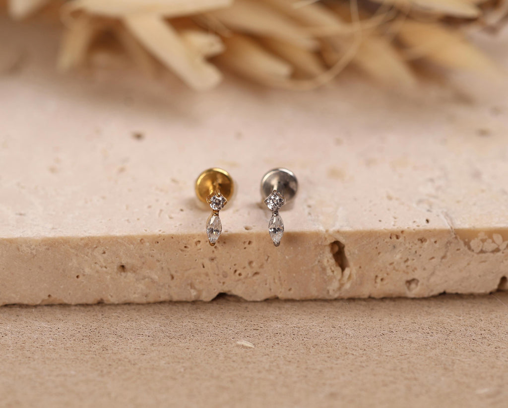 16G/18G/20G Titanium Starlight Drop Flat Back Earring, Round and Marquise CZ Threadless Titanium Labret, Dainty Celestial Helix Lobe N200