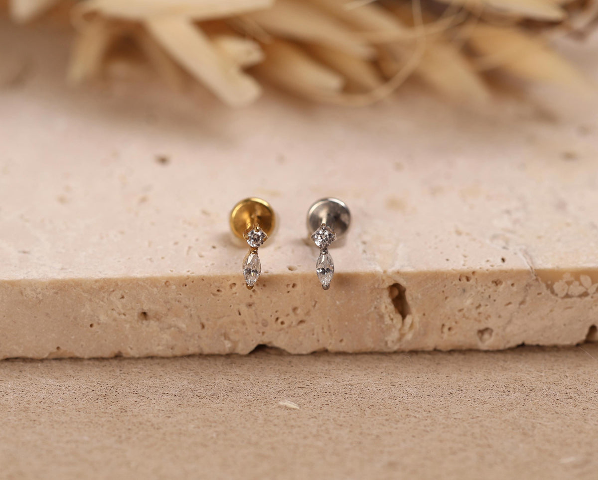 16G/18G/20G Titanium Starlight Drop Flat Back Earring, Round and Marquise CZ Threadless Titanium Labret, Dainty Celestial Helix Lobe N200