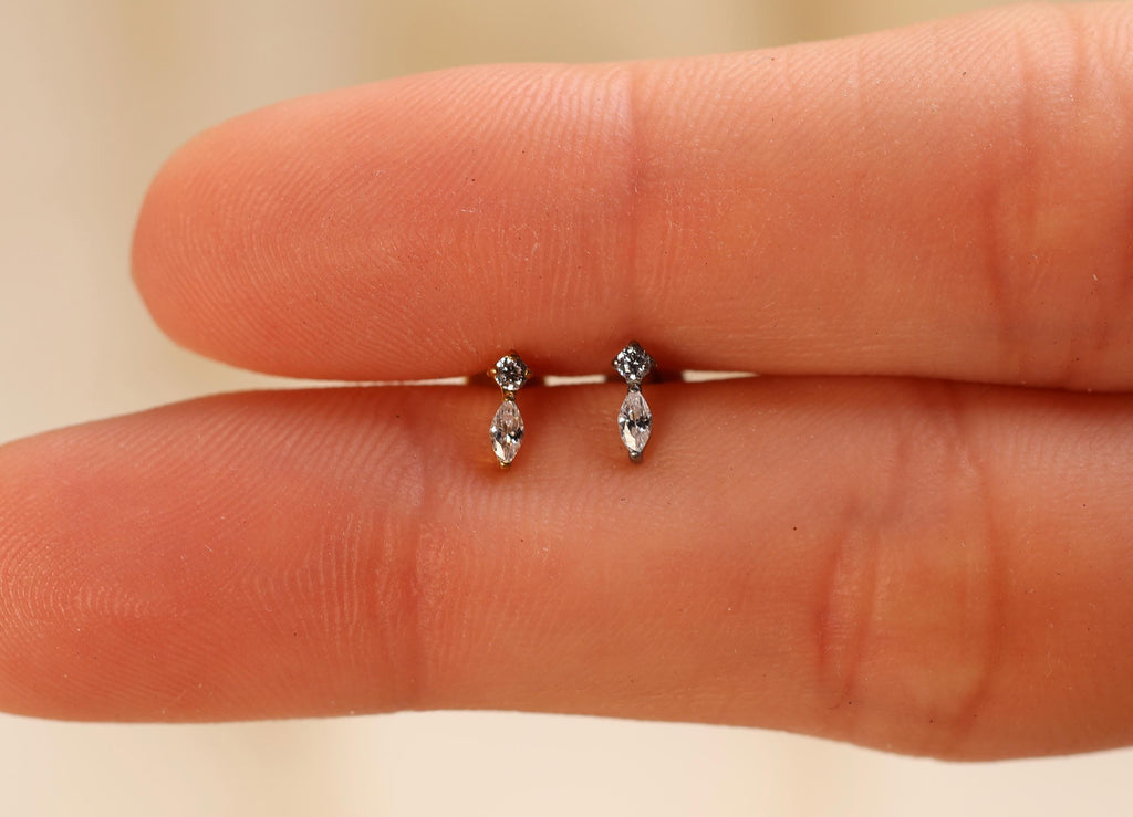 16G/18G/20G Titanium Starlight Drop Flat Back Earring, Round and Marquise CZ Threadless Titanium Labret, Dainty Celestial Helix Lobe N200