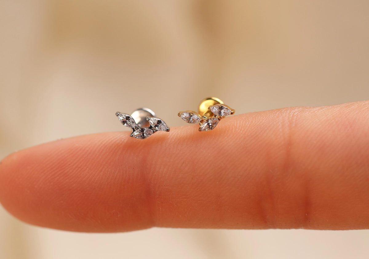 16G/18G/20G Titanium Delicate Marquise Leaf Threadless Flat Back Earring, Titanium Push Pin Labret, CZ Cluster Helix Flat Tragus N202