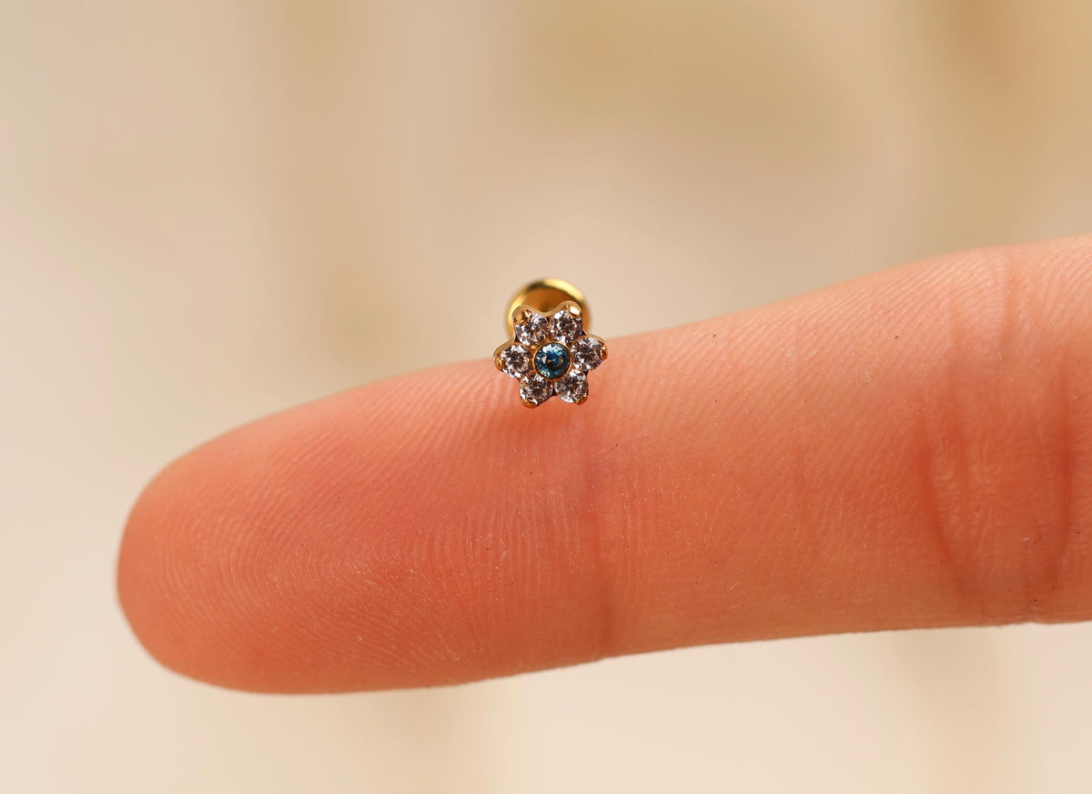 16G/18G/20G Titanium Aquamarine Floral Threadless Flat Back Earring, Titanium Push Pin Labret, Daisy CZ Helix Tragus Flat Lobe N203