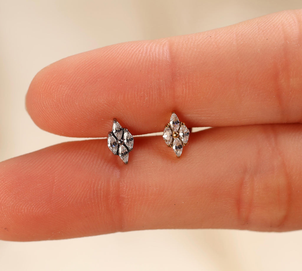 16G/18G/20G Titanium Four Marquise Crystal Cluster Threadless Flat Back Earring, Titanium Push Pin Labret, CZ Leaf Helix Flat Tragus N205