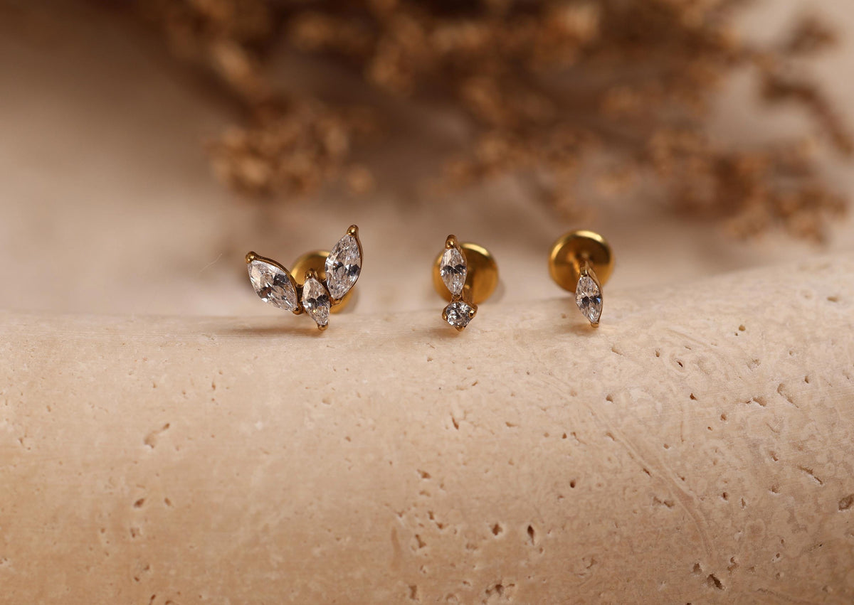 16G/18G/20G Titanium Marquise Muse Threadless Earring Set,  Flat Back Ear Stack, Helix Conch Tragus Stud, Earring Gift Set, Gift for Her