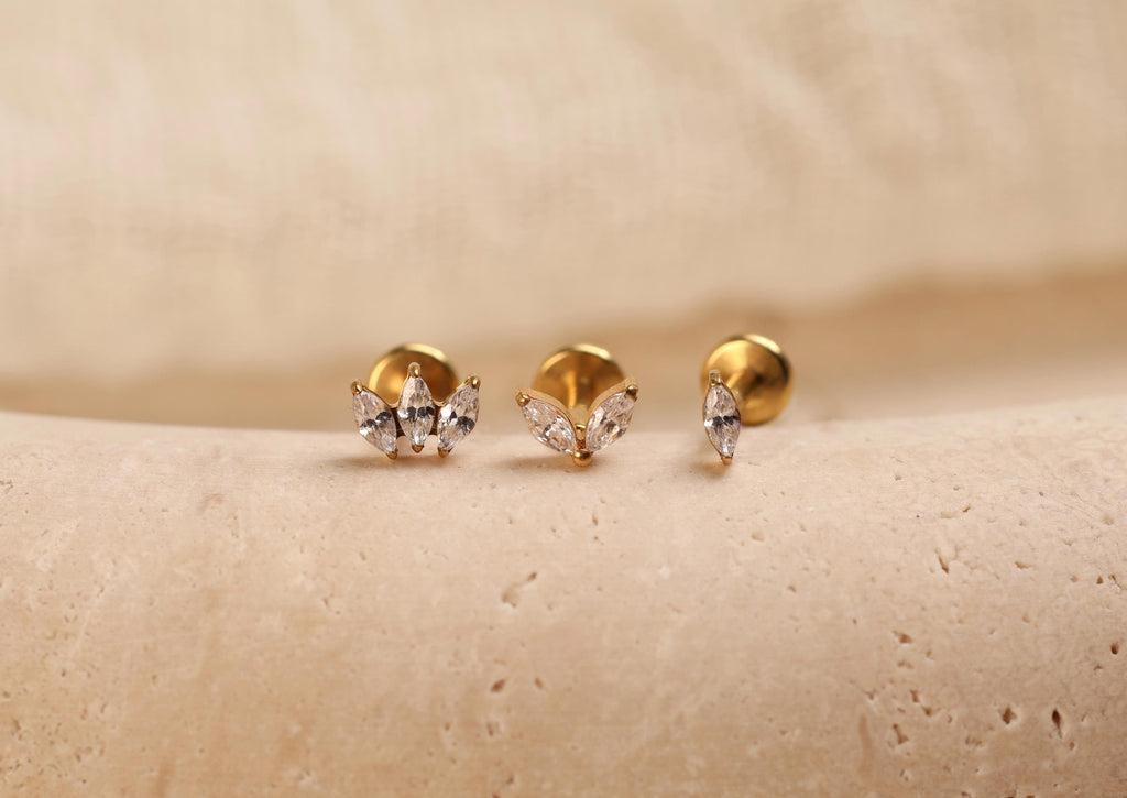 16G/18G/20G Titanium Secret Garden Threadless Earring Set,  Marquise Flat Back Stud, Helix Conch Tragus Stud, Earring Gift Set, S108