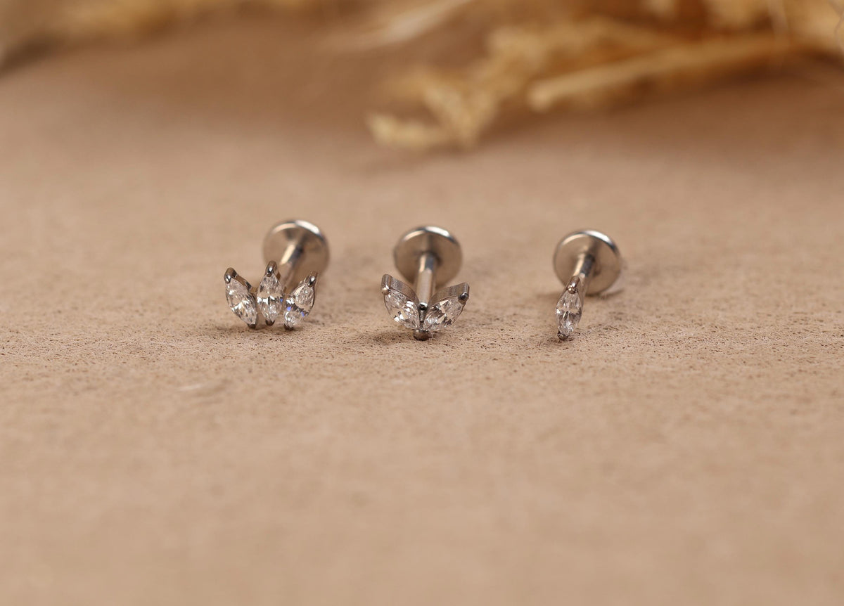 16G/18G/20G Titanium Secret Garden Threadless Earring Set,  Marquise Flat Back Stud, Helix Conch Tragus Stud, Earring Gift Set, S108