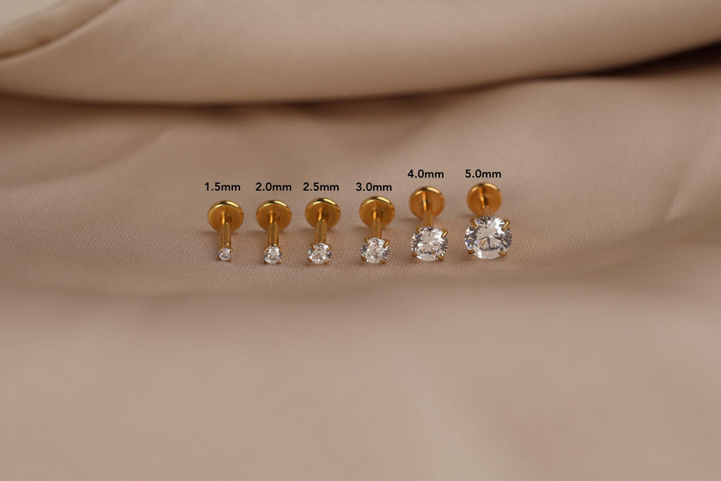 16G/18G/20G Titanium Round CZ Threadless Flat Back Earring, Titanium Push Pin Prong Round Stud, Dainty Helix Tragus Conch Lobe, Gift for her