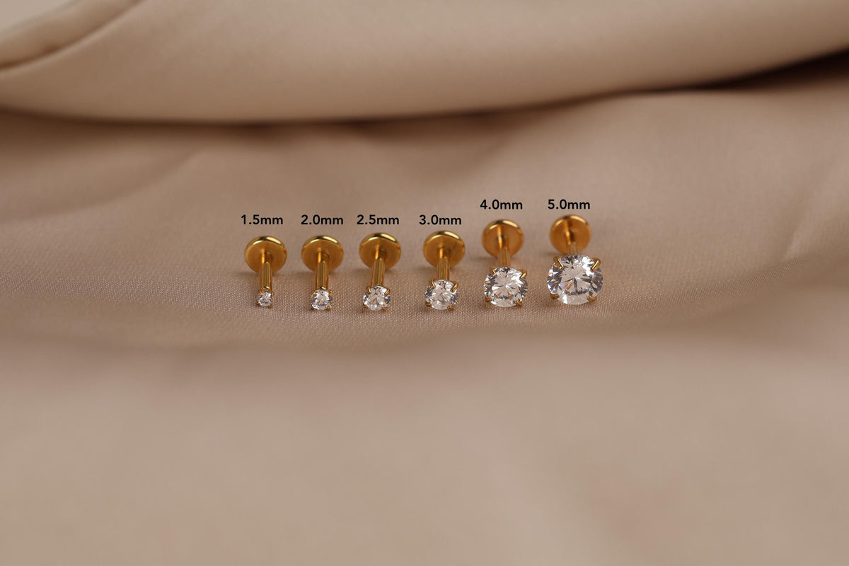16G/18G/20G Titanium Round CZ Threadless Flat Back Earring, Titanium Push Pin Prong Round Stud, Dainty Helix Tragus Conch Lobe, Gift for her