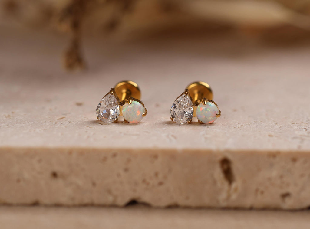 16G/18G/20G Titanium Pear Cut & Opal Threadless Flat Back Earring, Opal Cluster, Titanium Push Pin Helix Tragus Earrings N208