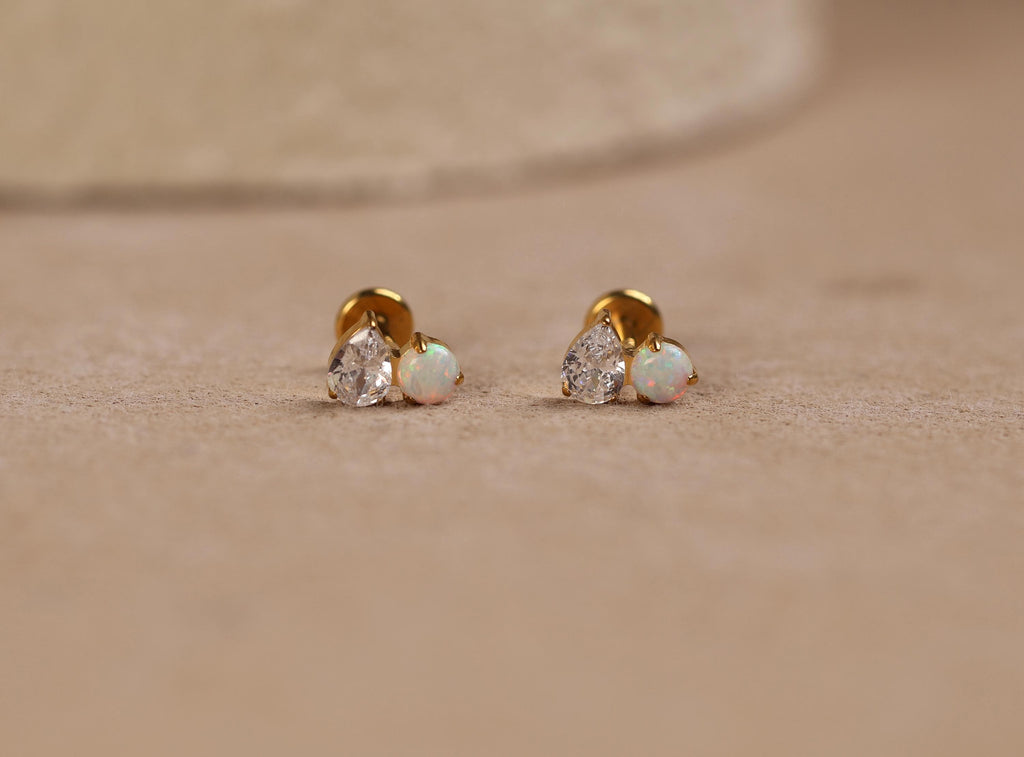16G/18G/20G Titanium Pear Cut & Opal Threadless Flat Back Earring, Opal Cluster, Titanium Push Pin Helix Tragus Earrings N208