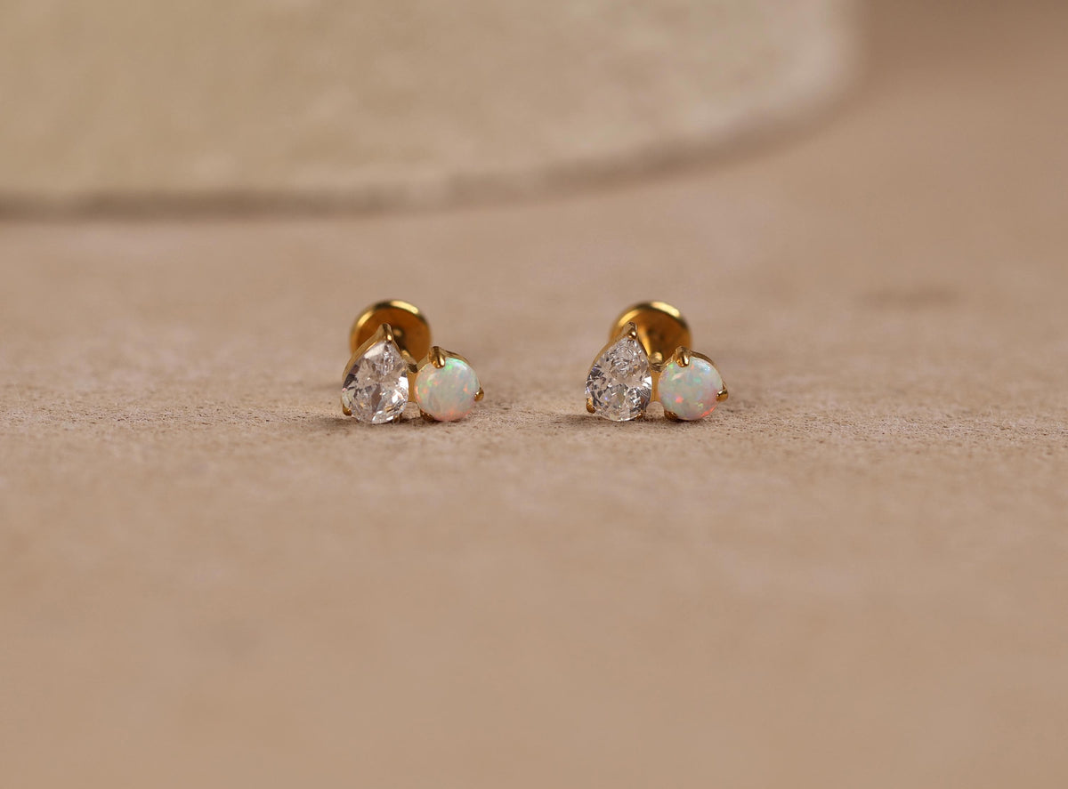 16G/18G/20G Titanium Pear Cut & Opal Threadless Flat Back Earring, Opal Cluster, Titanium Push Pin Helix Tragus Earrings N208