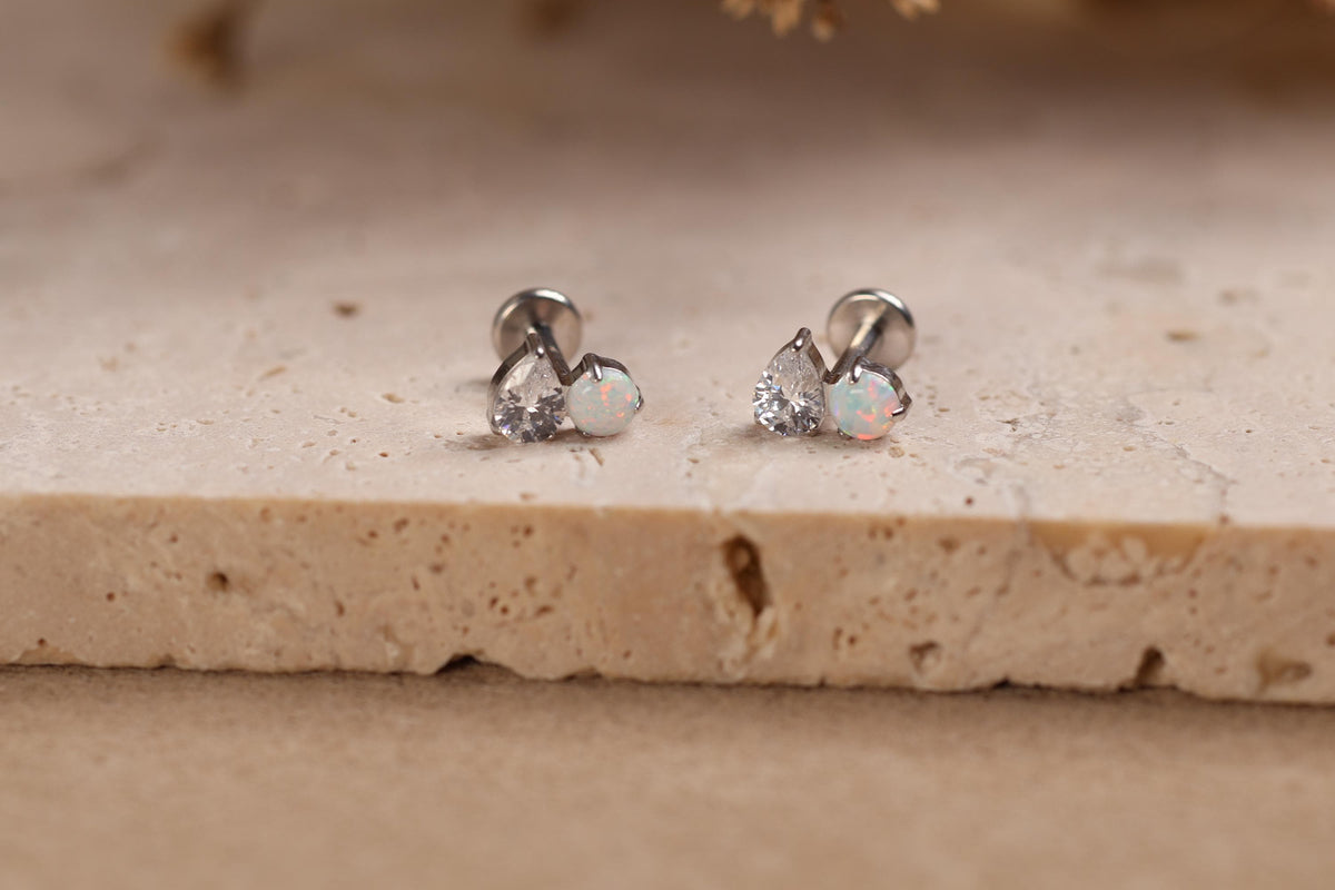 16G/18G/20G Titanium Pear Cut & Opal Threadless Flat Back Earring, Opal Cluster, Titanium Push Pin Helix Tragus Earrings N208