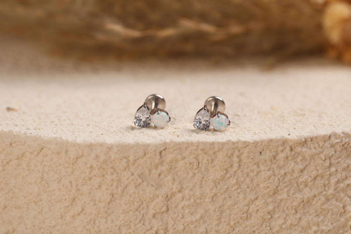 16G/18G/20G Titanium Pear Cut & Opal Threadless Flat Back Earring, Opal Cluster, Titanium Push Pin Helix Tragus Earrings N208