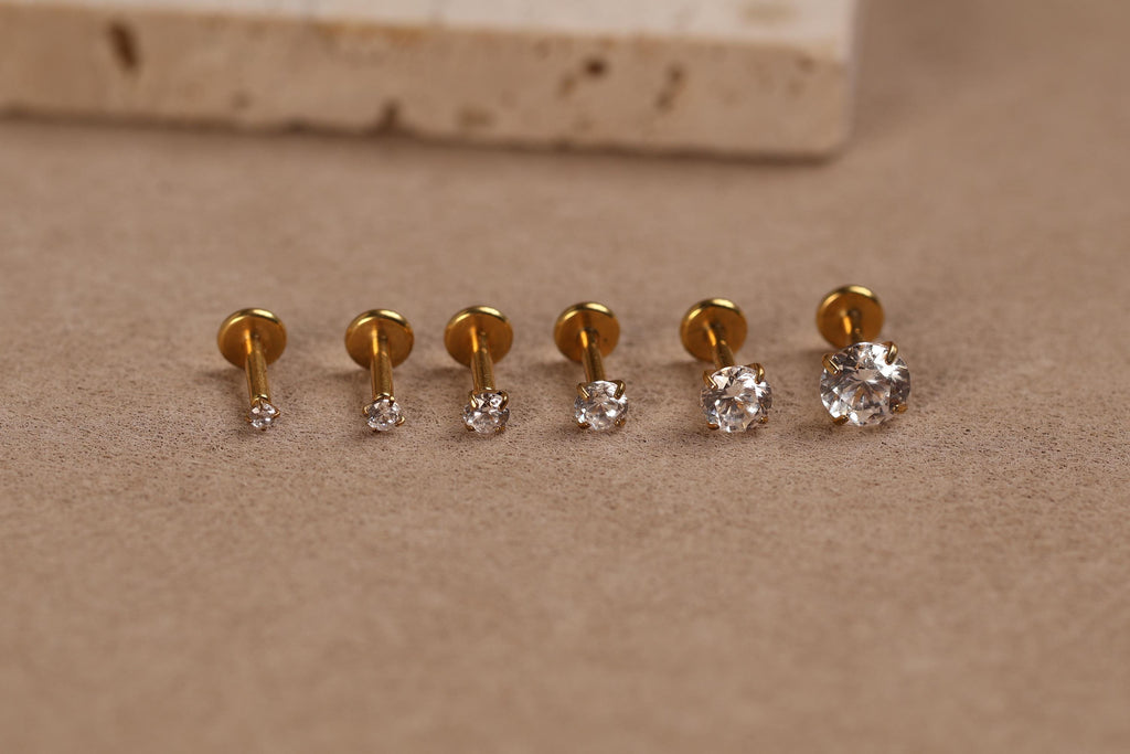 16G/18G/20G Titanium Round CZ Threadless Flat Back Earring, Titanium Push Pin Prong Round Stud, Dainty Helix Tragus Conch Lobe, Gift for her