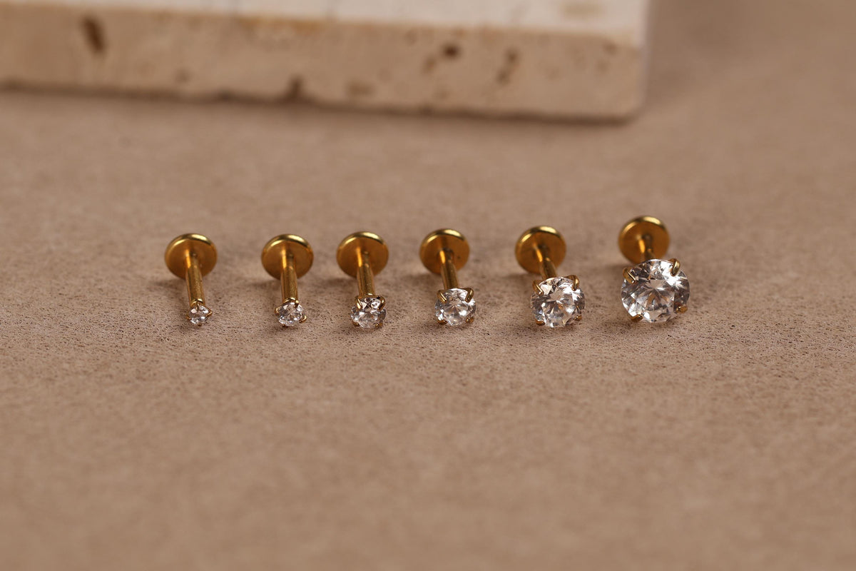 16G/18G/20G Titanium Round CZ Threadless Flat Back Earring, Titanium Push Pin Prong Round Stud, Dainty Helix Tragus Conch Lobe, Gift for her